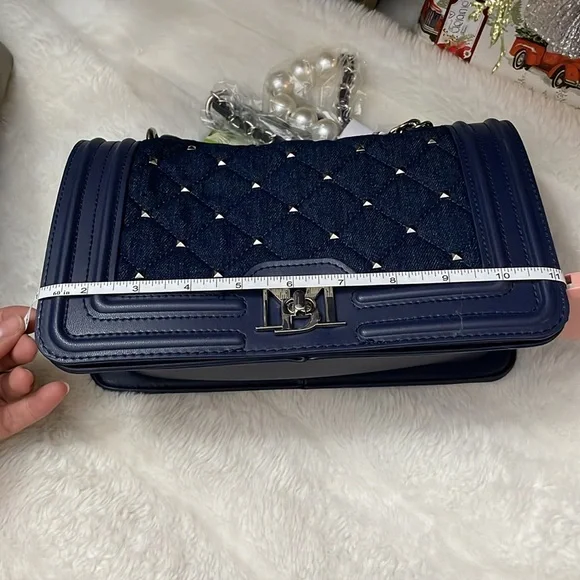 Quilted denim silver hardware Pearl detail vegan leather Crossbody bag NWT